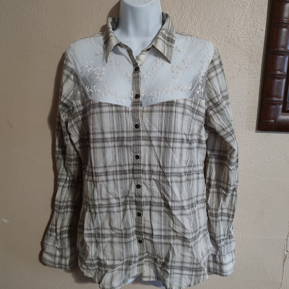 Plaid and Lace Country Western Button Down Shirt Maurices SZ Small Medium